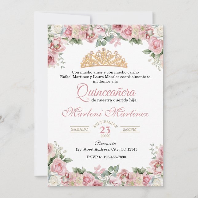 Rose Pink Quinceañera Floral  Invitation (Front)