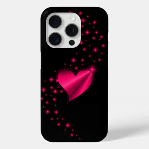 Rose pink Rainbow Heart with Stars on black iPhone 15 Pro Case