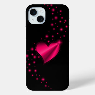 Rose pink Rainbow Heart with Stars on black iPhone 15 Mini Case