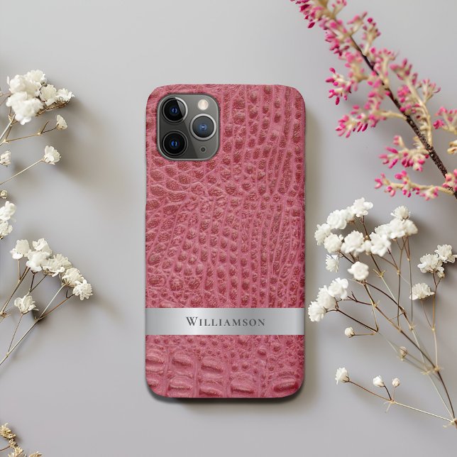 Rose Pink Reptile Digital Leather Silver Metal Case-Mate iPhone Case (Creator Uploaded)