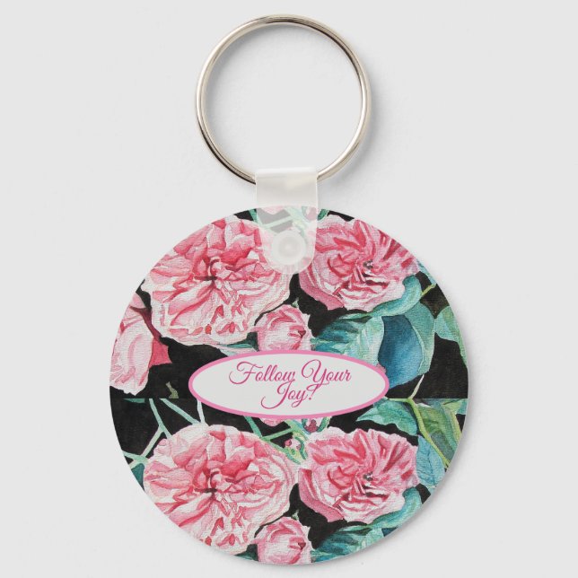 Rose Pink Roses floral Follow Your Joy Pattern Keychain (Front)
