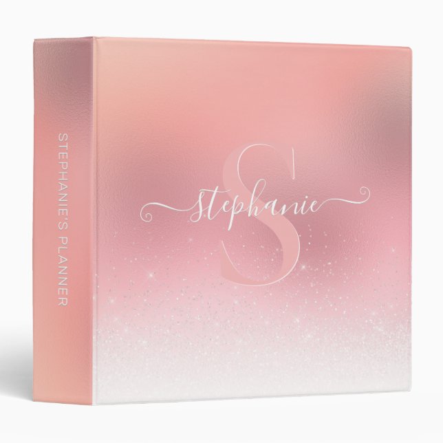 Rose Pink Shimmer Glitter Girly Monogrammed Binder (Front/Spine)