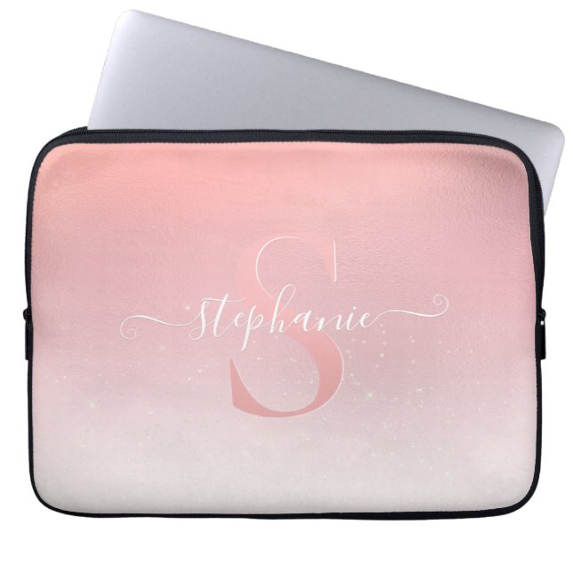 Rose Pink Shimmer Glitter Sparkle Monogrammed Laptop Sleeve (Front)