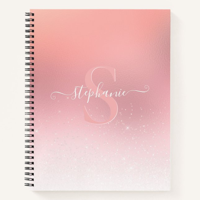 Rose Pink Shimmer Glitter Sparkle Monogrammed Notebook (Front)
