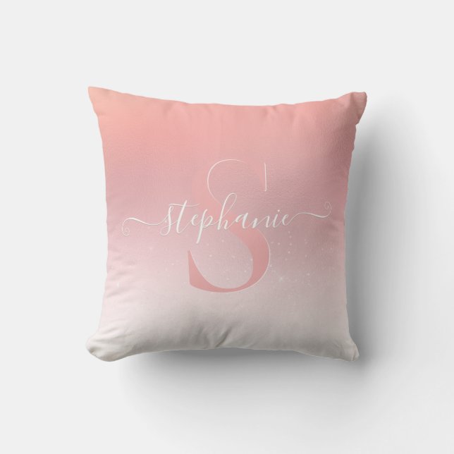Rose Pink Shimmer Glitter Sparkle Monogrammed Throw Pillow (Front)