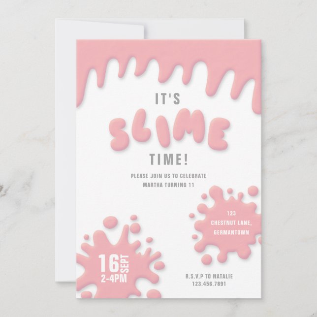 Rose pink slime party invitation (Front)
