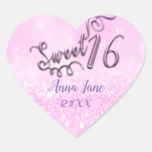 Rose Pink Sweet 16th  Bridal Heart Name Date Sticker