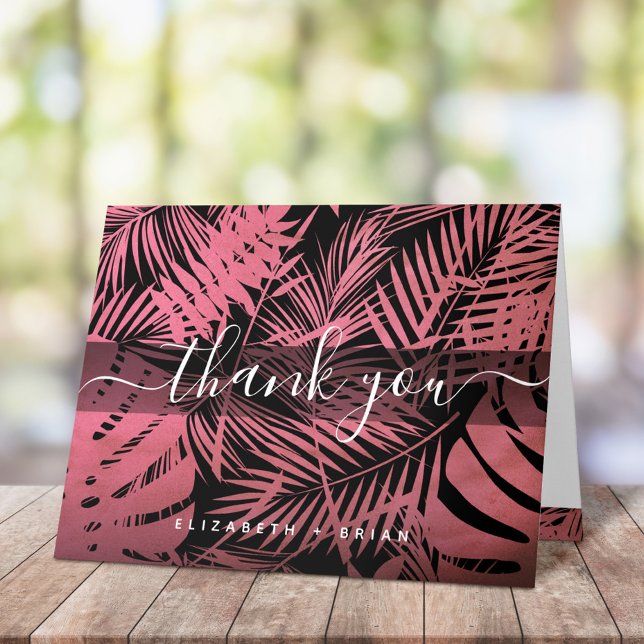 Rose pink tropical palm leaf pattern script name thank you card (Creator Uploaded)