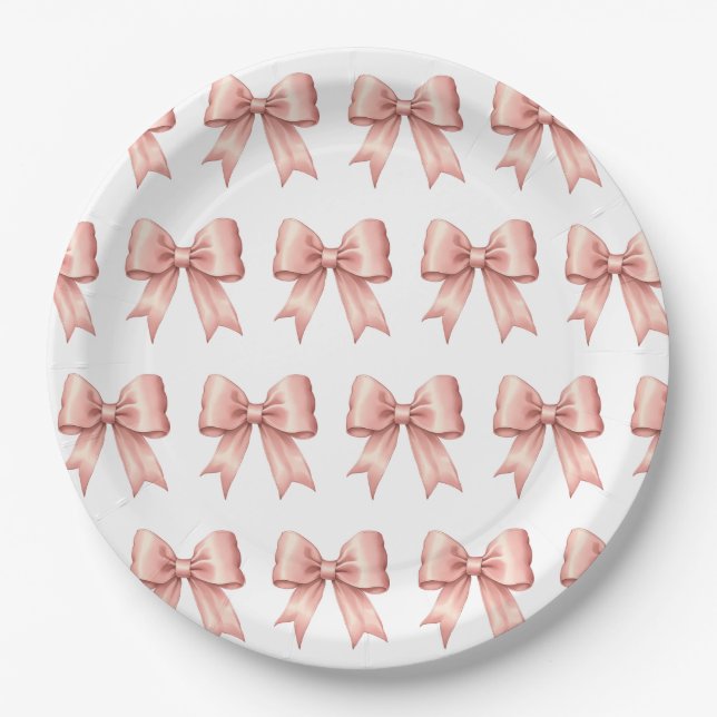 Rose Pink Vintage Satin Bow Pattern Paper Plate (Front)