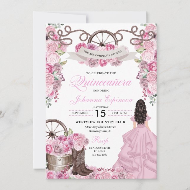 Rose Pink Western Ranchero Quinceanera Invitation (Front)
