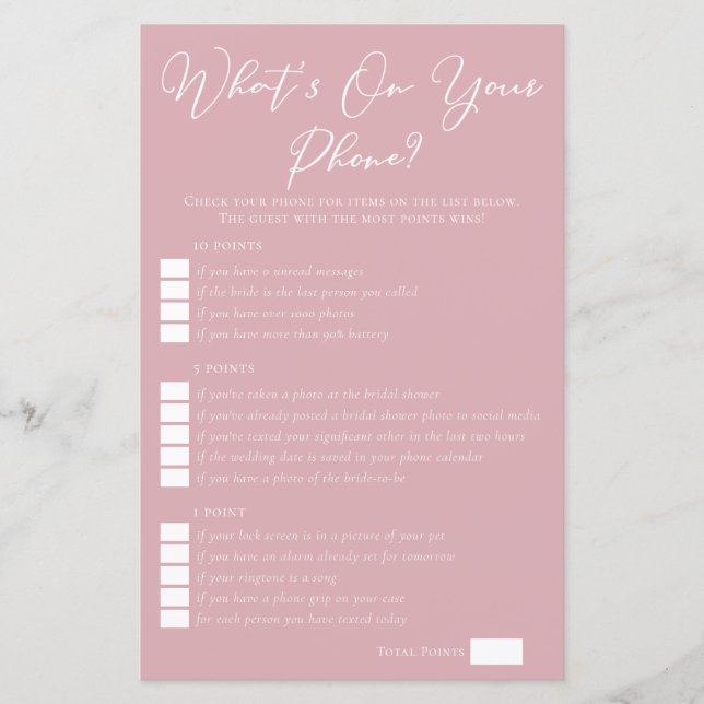 Rose Pink What's On Your Phone Bridal Shower Game (Front)