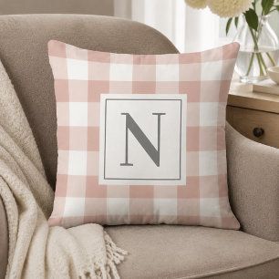 Rose Pink White Gingham Check Monogram Initial Throw Pillow
