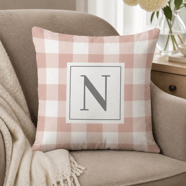 Rose Pink White Gingham Check Monogram Initial Throw Pillow (Creator Uploaded)