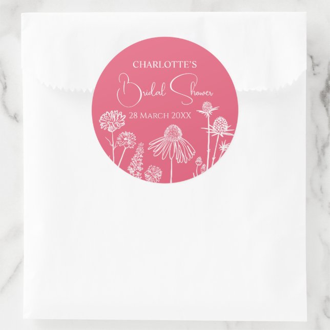Rose Pink Wildflowers Sketched Floral  Classic Round Sticker (Bag)