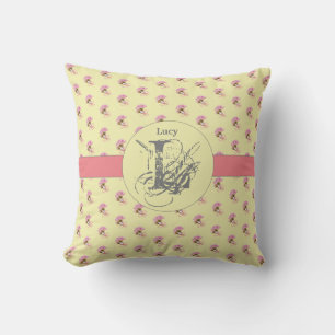 Rose Pink Yellow Floral Unique Chic Monogram Name Throw Pillow