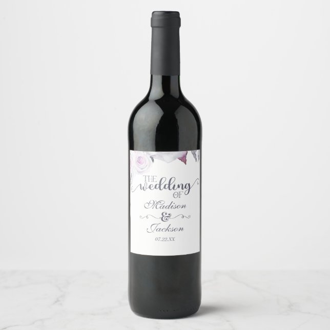 Rose Pink & Yellow Floral Wreath Wedding Monogram Wine Label (Front)
