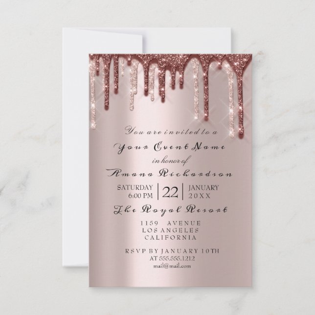 Rose Powder Sparkly Glitter Drips Bridal Shower Invitation (Front)