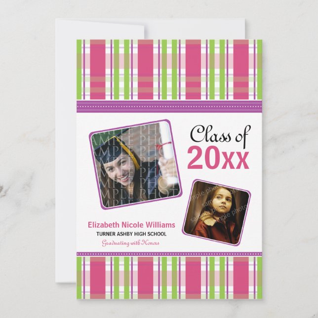 Rose Preppy Plaid Custom Graduation Announcement (Front)