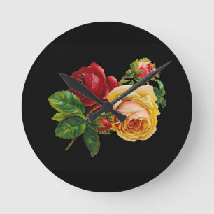 Rose Print Accessories - black, red, vintage art Round Clock