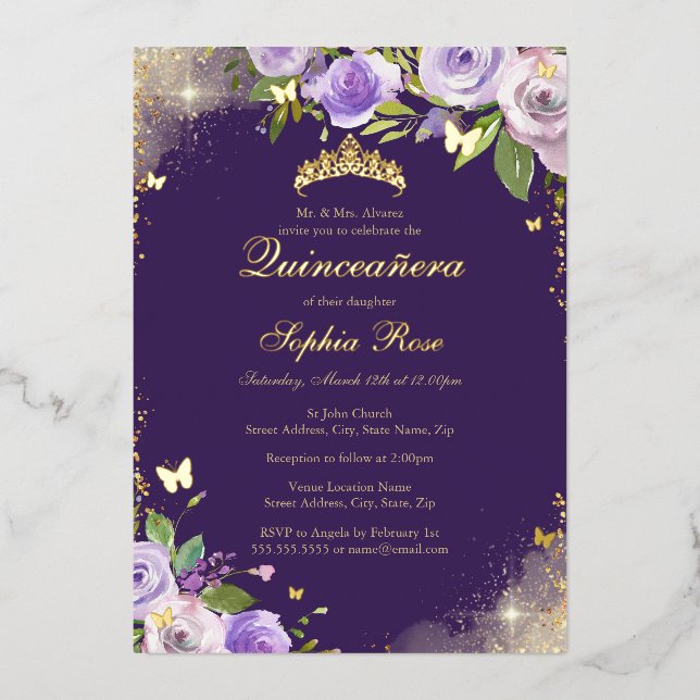 Rose Purple Gold Butterfly Floral Quinceanera (Front)