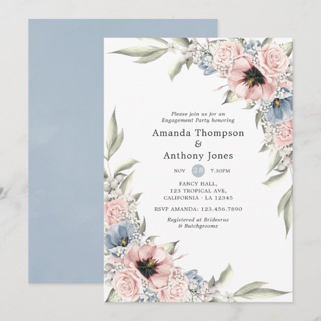 Rose Quartz and Serenity Floral Engagement Party Invitation (Front/Back)