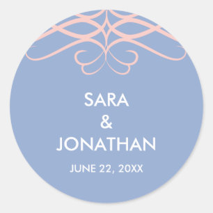 Rose Quartz & Blue, Elegant Personalized Wedding Classic Round Sticker