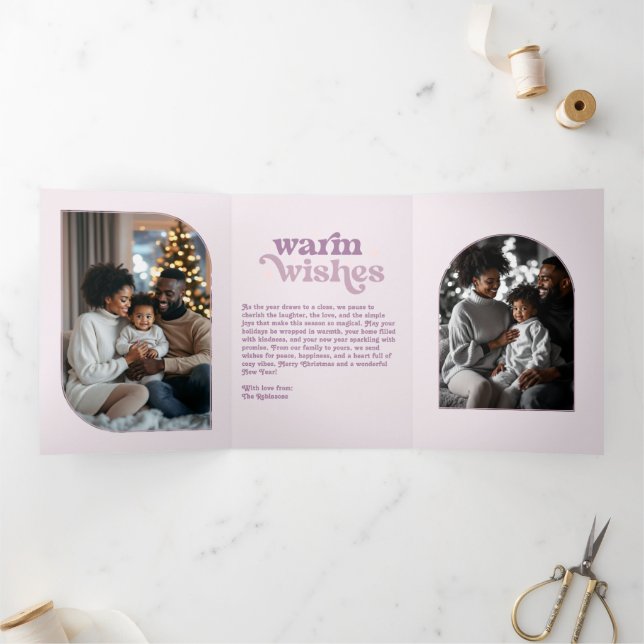 Rose Quartz Frost Cozy Vibes Retro Christmas Photo Tri-Fold Holiday Card (Inside)