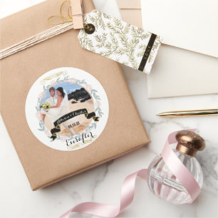 Rose Quartz Gold Personalized Your Wedding Photo Classic Round Sticker