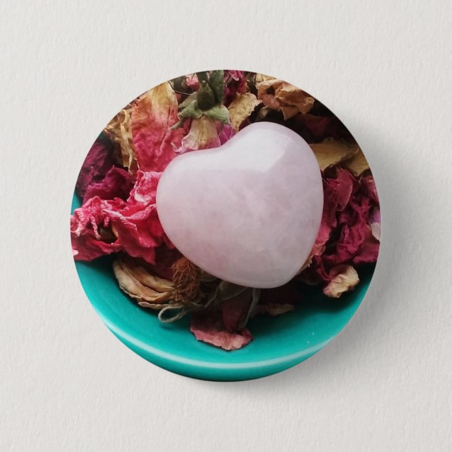 Rose Quartz Heart in a Bed of Rose Petals 2 Inch Round Button (Front)