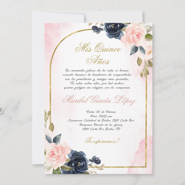Rose Quinceanera invitation en espagnol (Devant)