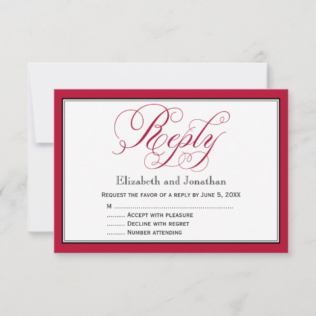 Rose Red Black and White Script Wedding Reply Card (Front)