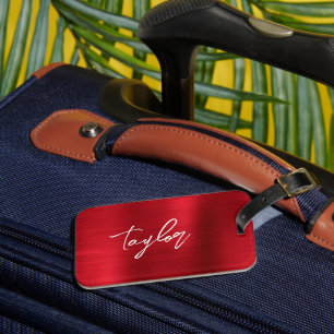 Rose Red Foil Modern Brush Script First Name Luggage Tag