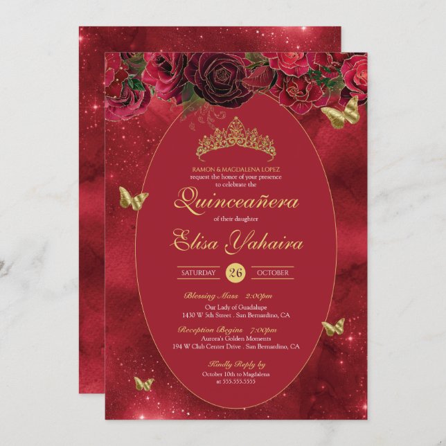 Rose Red Gold Luxury Butterfly Quinceanera Invitation (Front/Back)