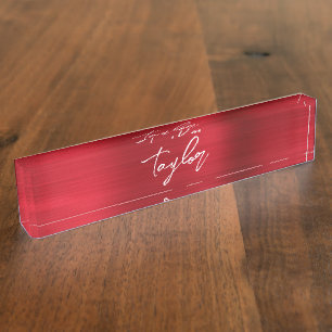 Rose Red Ombre Foil Modern Brush Script Nameplate