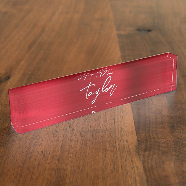 Rose Red Ombre Foil Modern Brush Script Nameplate (Side)