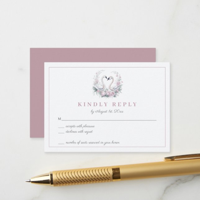 Rose romantique Swan Couple mariage carte RSVP (Devant/Arrière en situation)