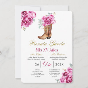 Rose rose avec invitation de Quinceañera de botte 