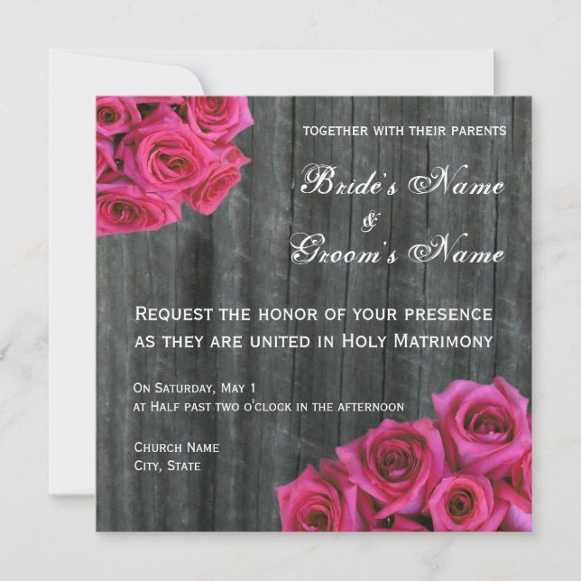 Rose rose chaud et Faire-part de mariage en bois n (Devant)