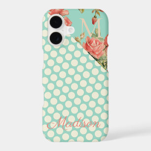 Rose Rose Clair Points Verts Floral Monogramme Ini