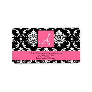 Rose rose Damask Monogramme Mariage Étiquettes de