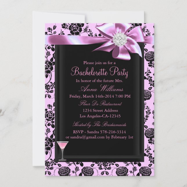 Rose rose et noir Invitation de la fête de bachelo (Devant)