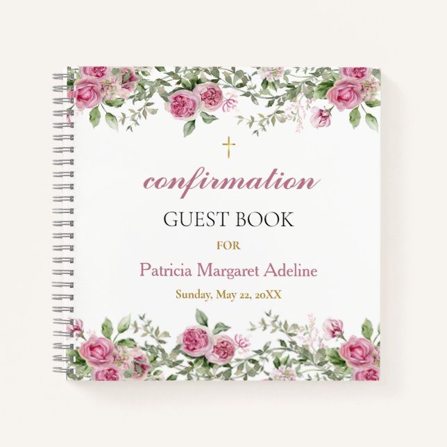Rose rose et or Floral Confirmation Livre d'invité (Devant)