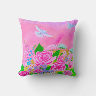 Rose rose et pigeon blanc design coussin