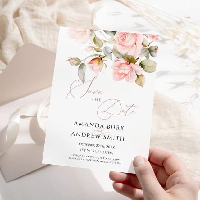 Rose rose et verdure Sauvez la date Invitation (Créateur téléchargé)