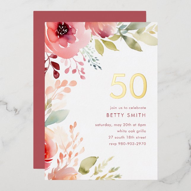 Rose rose floral 50e anniversaire Invitation (Recto/Verso)