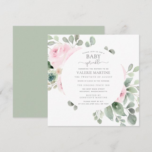 Rose rose Floral Baby Sprinkl Invitation (Devant / Derrière)
