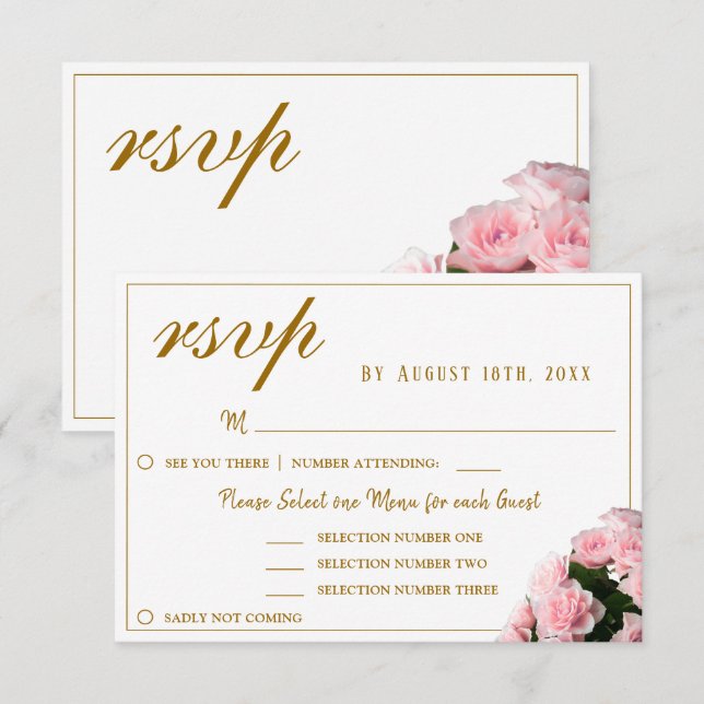 Rose Rose Floral Mariage Menu Choix Carte RSVP (Devant / Derrière)