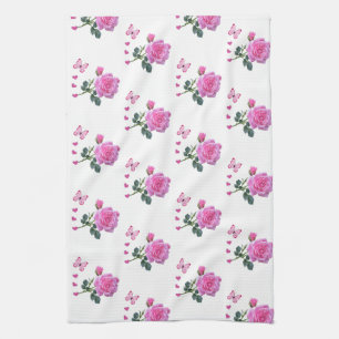 Rose Rose Floral Papillon Coeurs main serviette