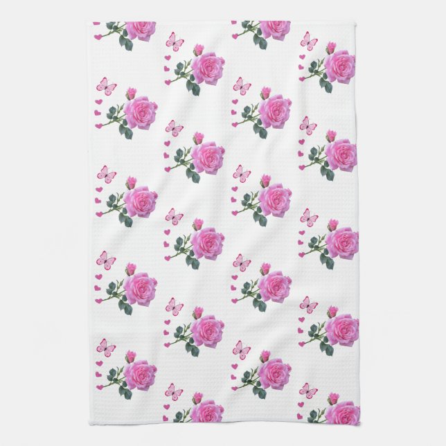 Rose Rose Floral Papillon Coeurs main serviette (Vertical)
