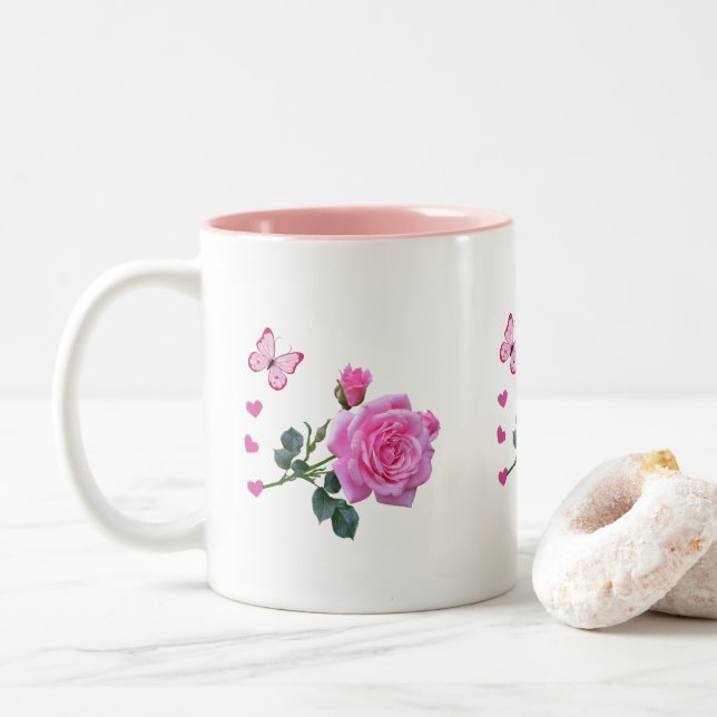 Rose Rose Floral Papillon Coeurs Mug (Avec donut)